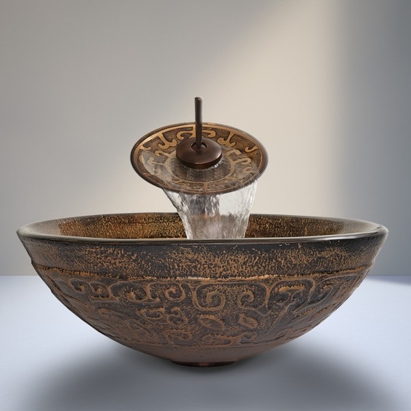 Shop VIGO Golden Greek Glass Vessel Sink And Waterfall Faucet Set In 