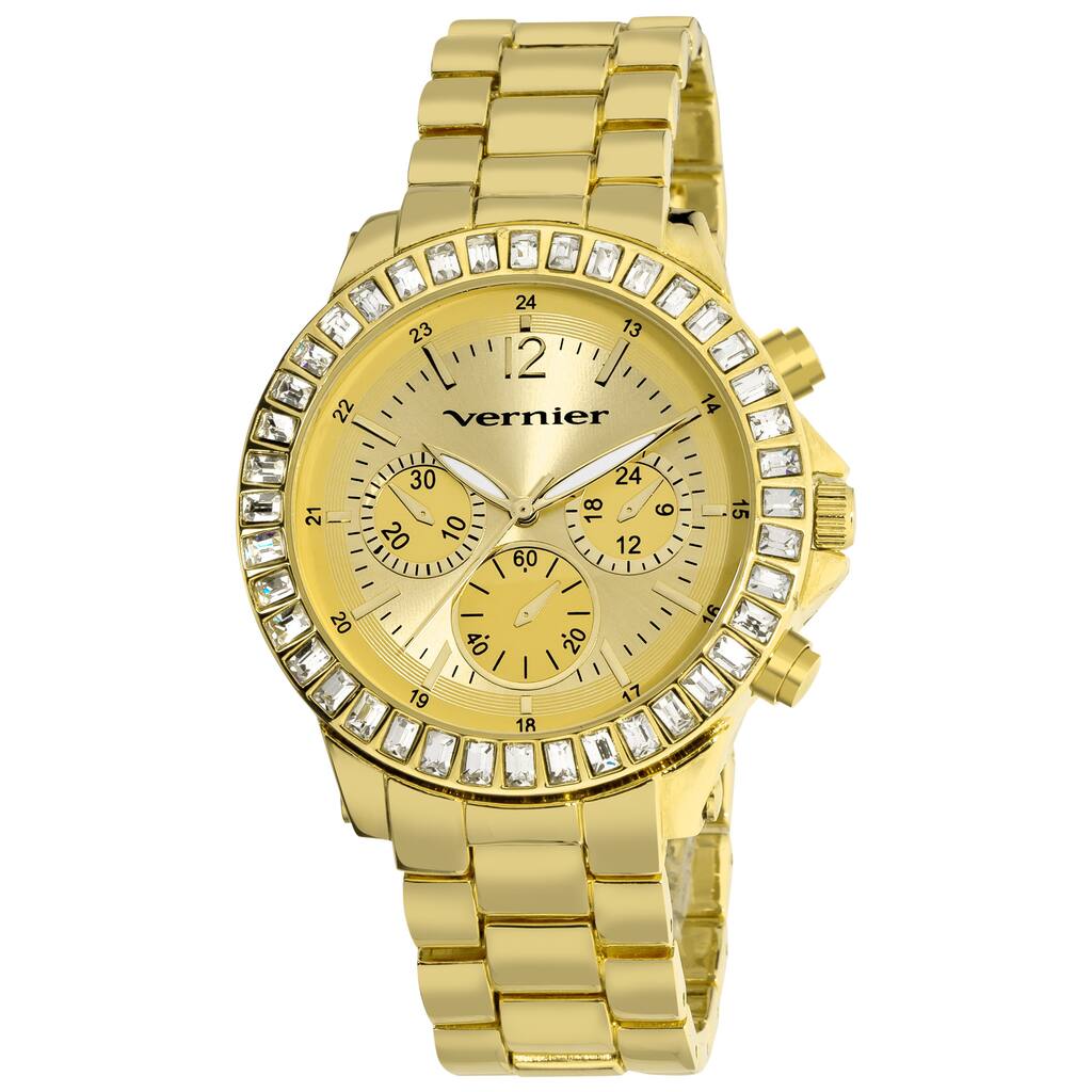 Vernier Women's Large Gold Tone Chrono-Look Dial Dual Time Watch