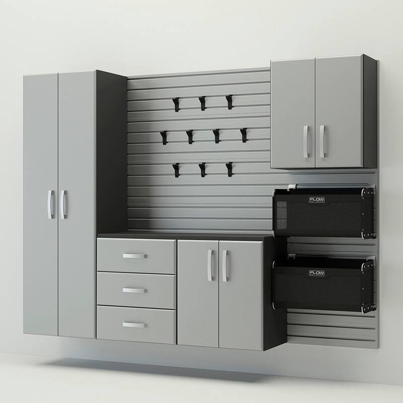 18 Piece Slatwall Panel, Cabinet, Hook, Soft Bin And Large Workstation Storage Set - Silver Slat Wall/Silver Cabinet