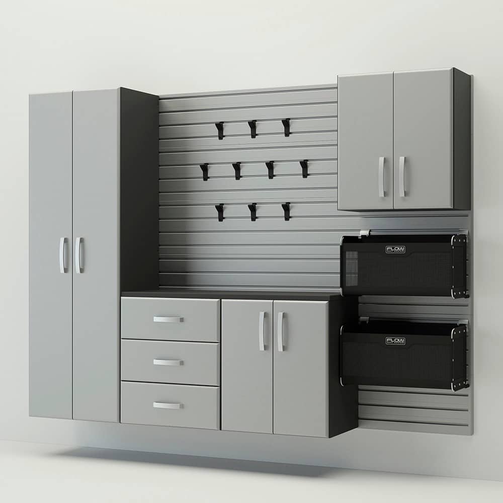 18 Piece Slatwall Panel, Cabinet, Hook, Soft Bin And Large Workstation Storage Set - Silver Slat Wall/Silver Cabinet
