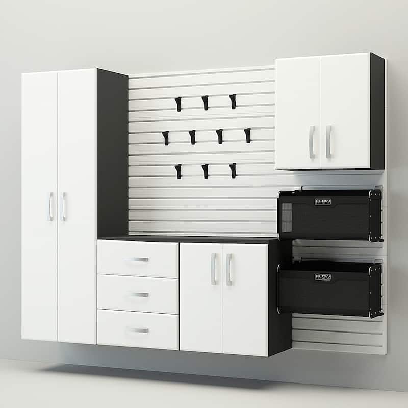 18 Piece Slatwall Panel, Cabinet, Hook, Bin And Large Workstation Storage Set - White Slat Wall/White Cabinet