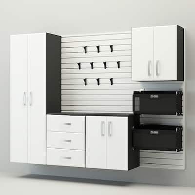 18 Piece Slatwall Panel, Cabinet, Hook, Bin And Large Workstation Storage Set - White Slat Wall/White Cabinet