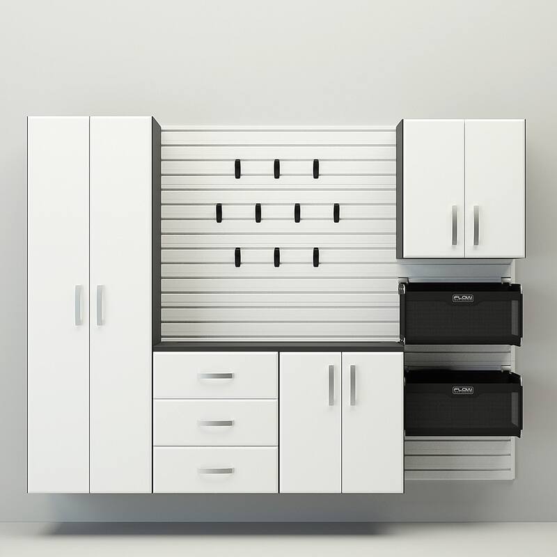 18 Piece Slatwall Panel, Cabinet, Hook, Bin And Large Workstation Storage Set - White Slat Wall/White Cabinet