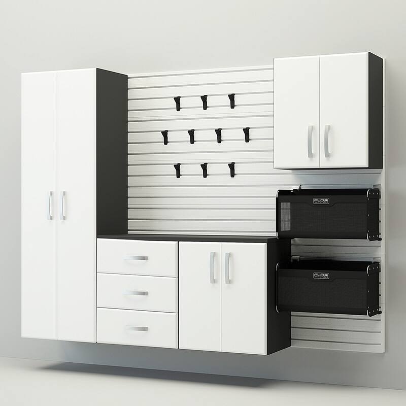 18 Piece Slatwall Panel, Cabinet, Hook, Bin And Large Workstation Storage Set - White Slat Wall/White Cabinet