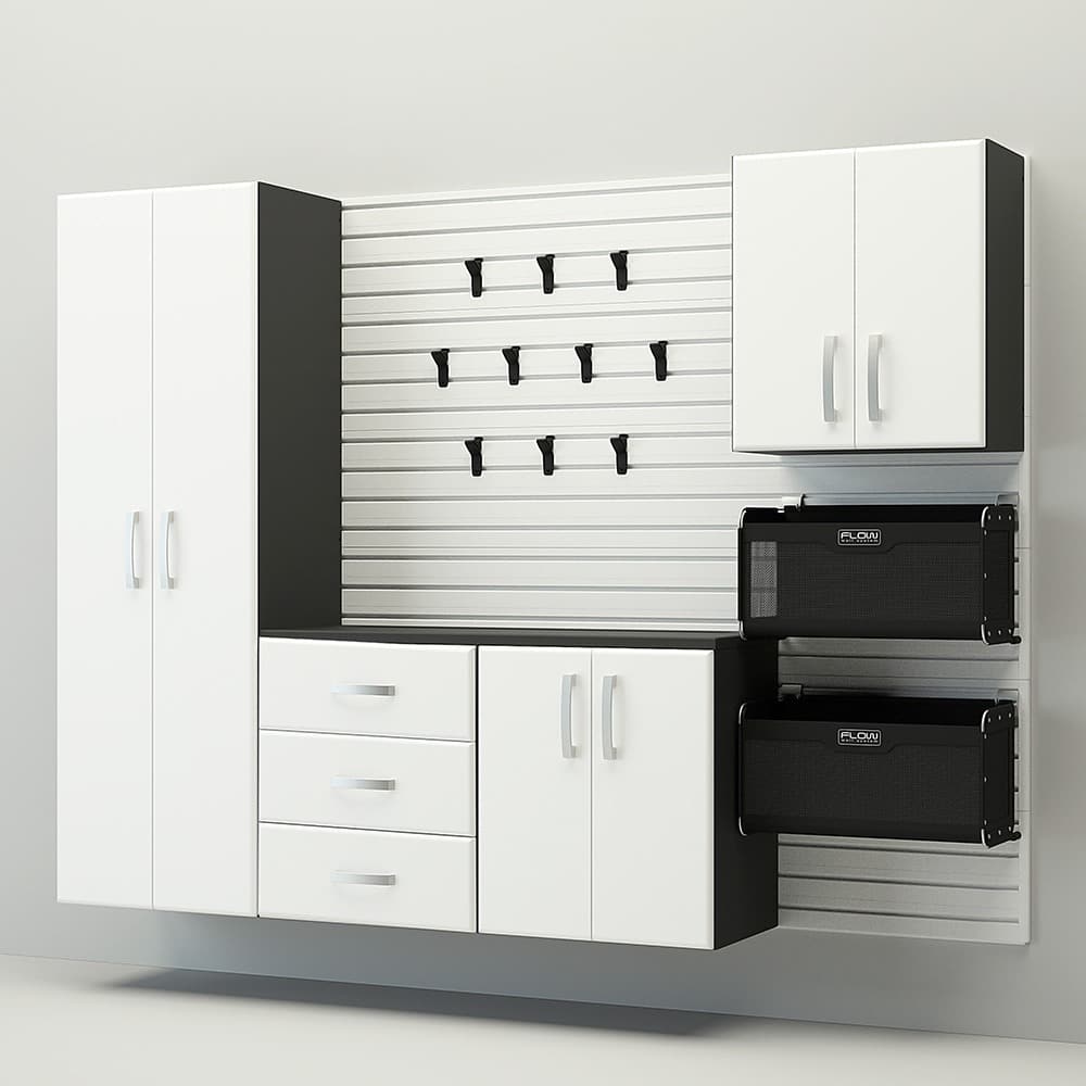 18 Piece Slatwall Panel, Cabinet, Hook, Bin And Large Workstation Storage Set - White Slat Wall/White Cabinet
