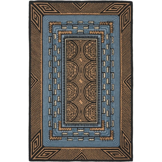 Hand hooked Chelsea Brown/ Blue Wool Rug (76 X 99)