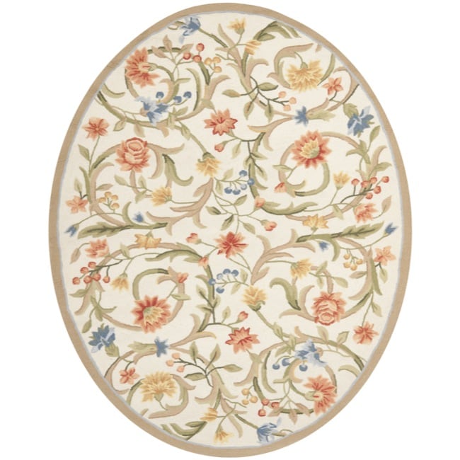 Hand hooked Garden Scrolls Ivory Wool Rug (46 X 66 Oval)