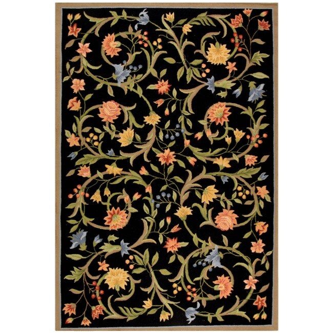 Hand hooked Garden Scrolls Black Wool Rug (76 X 99)