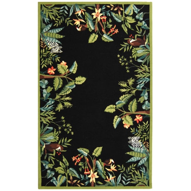 Large Hand hooked Chelsea Jungle Black Wool Rug (89 X 119)