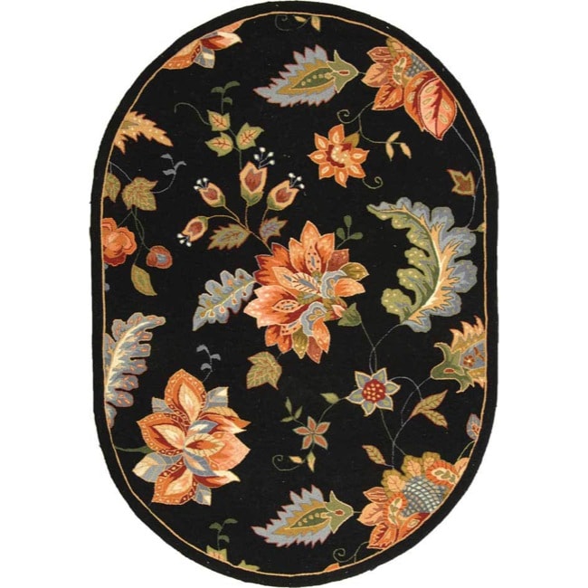 Hand hooked Botanical Black Wool Rug (46 X 66 Oval)