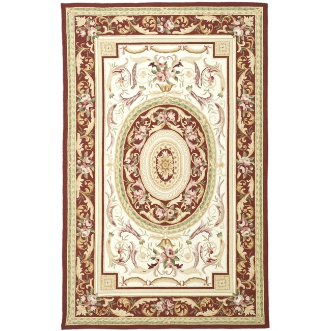 Hand hooked Aubusson Ivory/ Burgundy Wool Area Rug (89 X 119)