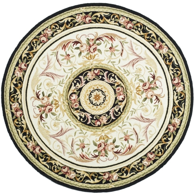 Hand hooked Aubusson Ivory/ Black Wool Rug (4 Round)