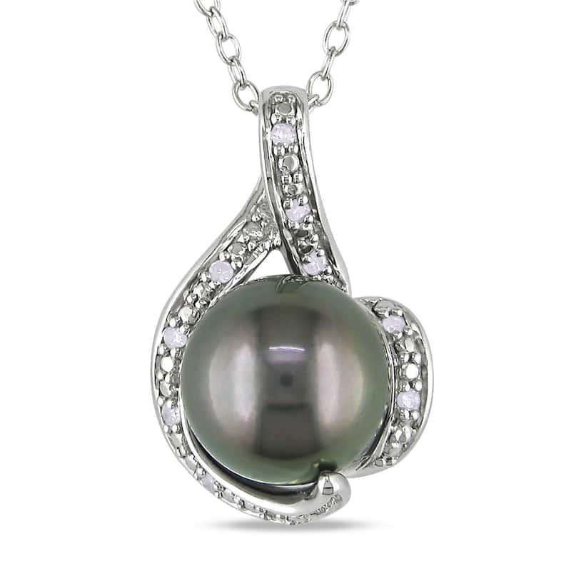 Miadora Silver Black Tahitian Pearl and Diamond Necklace (9-9.5 mm) - Grey