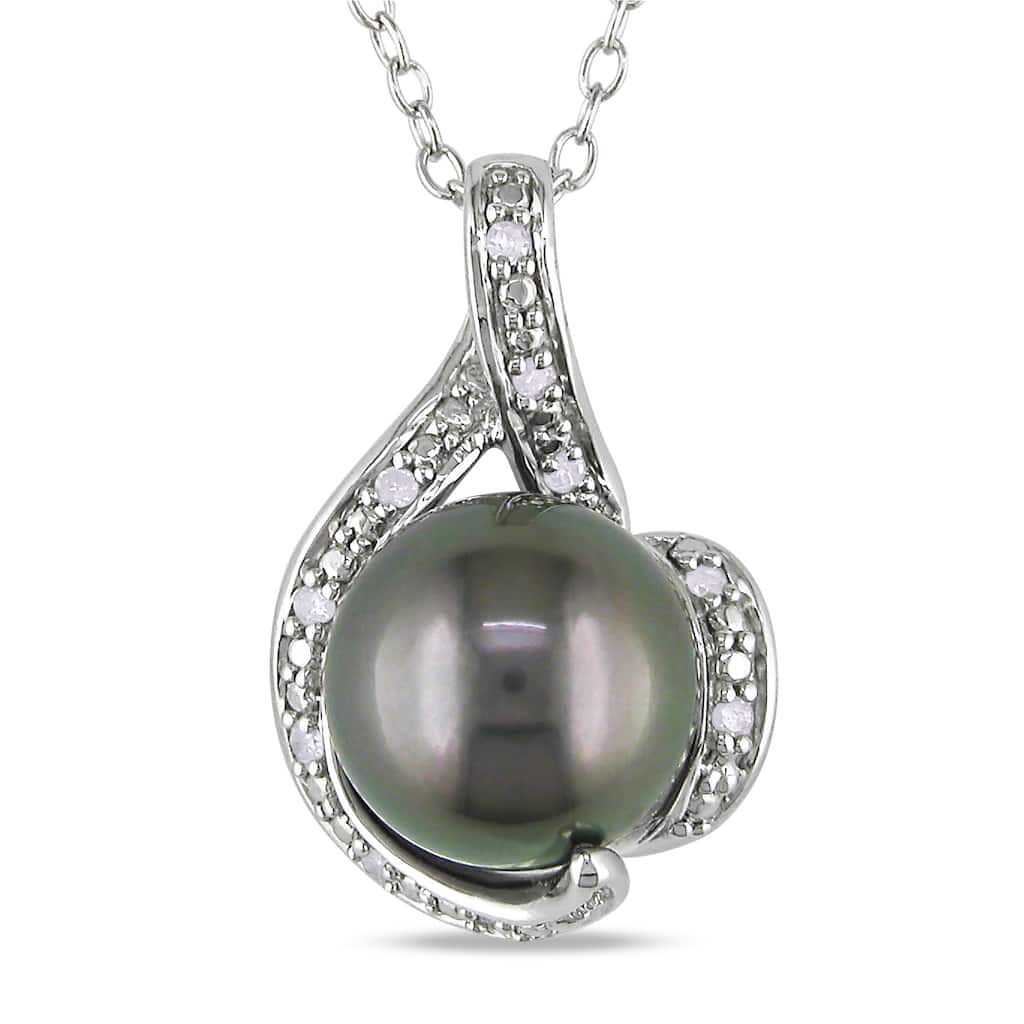 Miadora Silver Black Tahitian Pearl and Diamond Necklace (9-9.5 mm) - Grey