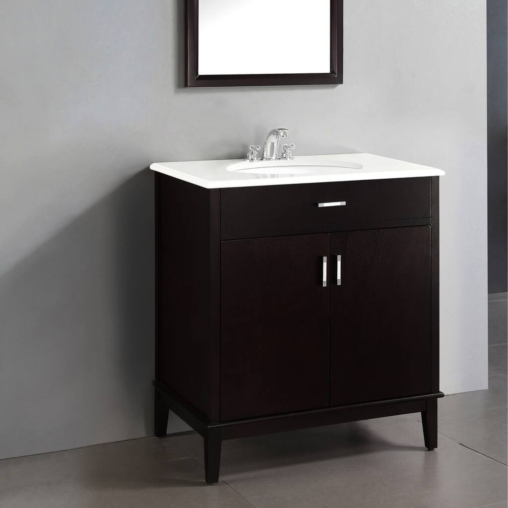 WYNDENHALL Oxford 30 inch Contemporary Bath Vanity in Dark espresso Brown with White Engineered Quartz Marble Top