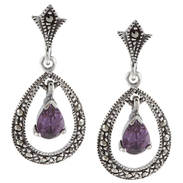 Glitzy Rocks Sterling Silver Marcasite and Purple Cubic Zirconia Dangle Earrings Glitzy Rocks Gemstone Earrings