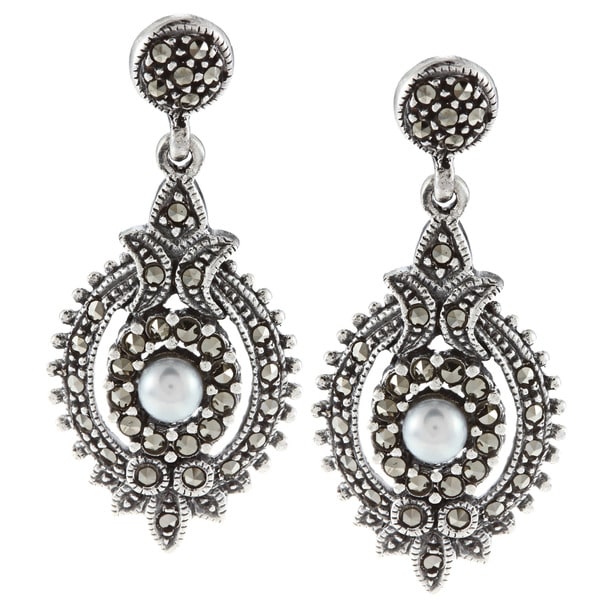 Glitzy Rocks Sterling Silver Marcasite and Faux Pearl Art Deco Dangle Earrings Glitzy Rocks Gemstone Earrings