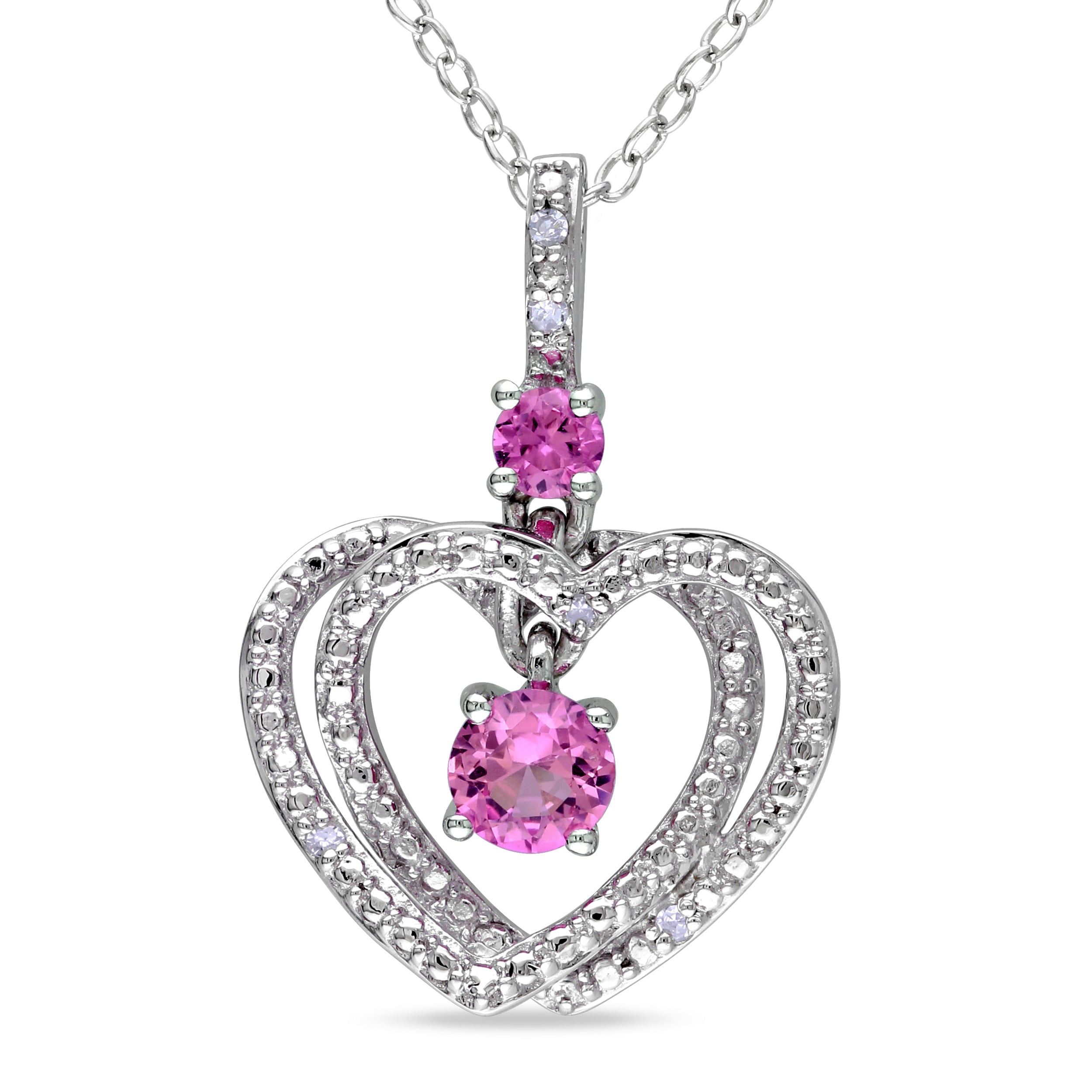  Sterling Silver Pink Sapphire and Diamond Heart Necklace GH, I1I2