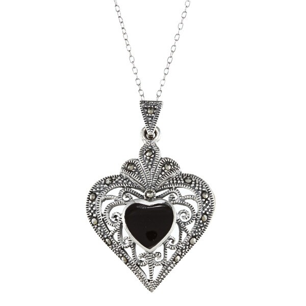 Glitzy Rocks Sterling Silver Marcasite and Black Onyx Filigree Heart ...