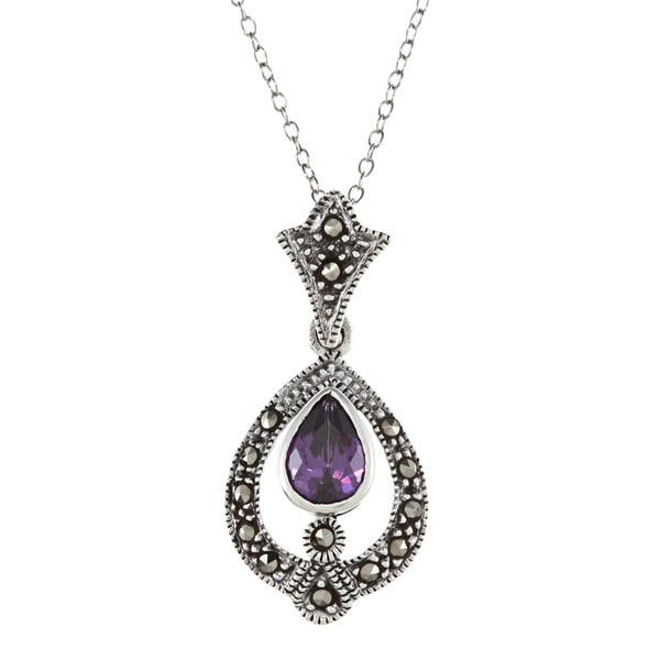 Glitzy Rocks Silver Marcasite and Purple Cubic Zirconia Teardrop Necklace Glitzy Rocks Gemstone Necklaces