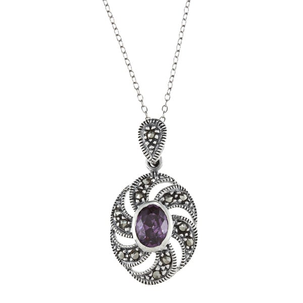 Glitzy Rocks Sterling Silver Marcasite Purple Cubic Zirconia Swirl