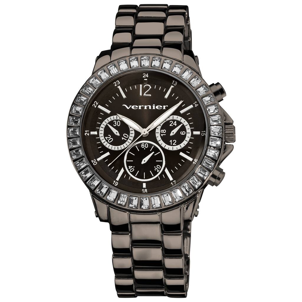 Vernier Women's Large Gun-Metal Chrono-Look Dial Dual Time Watch
