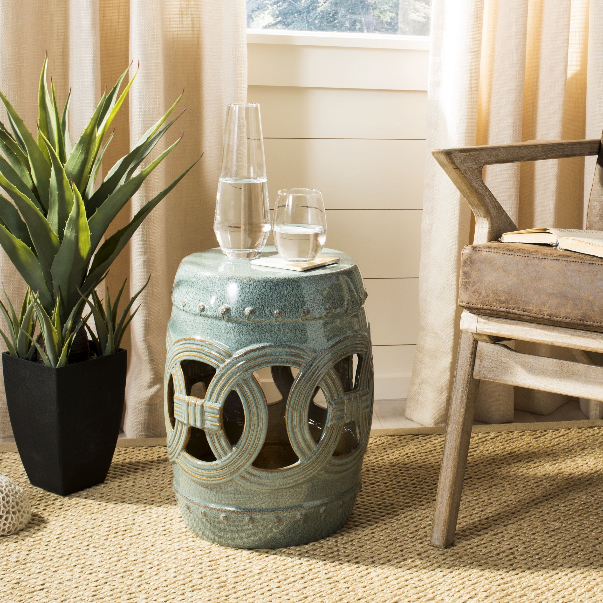 SAFAVIEH Paradise Double Coin Blue-Green Ceramic Decorative Garden Stool