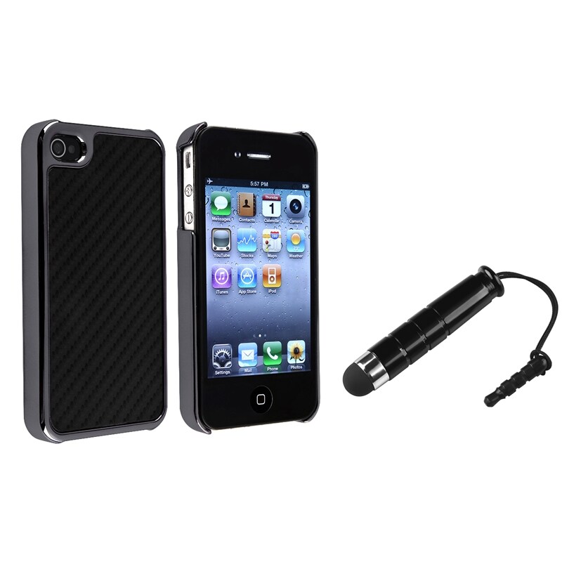 Black Carbon Fiber Chrome Case/ Mini Stylus for Apple iPhone 4/ 4S