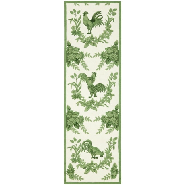 Hand hooked Hens Ivory/ Green Wool Rug (26 X 12)