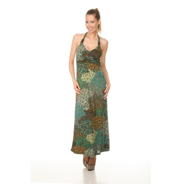 White Mark Women's `London' Green Peacock Long Halter Dress