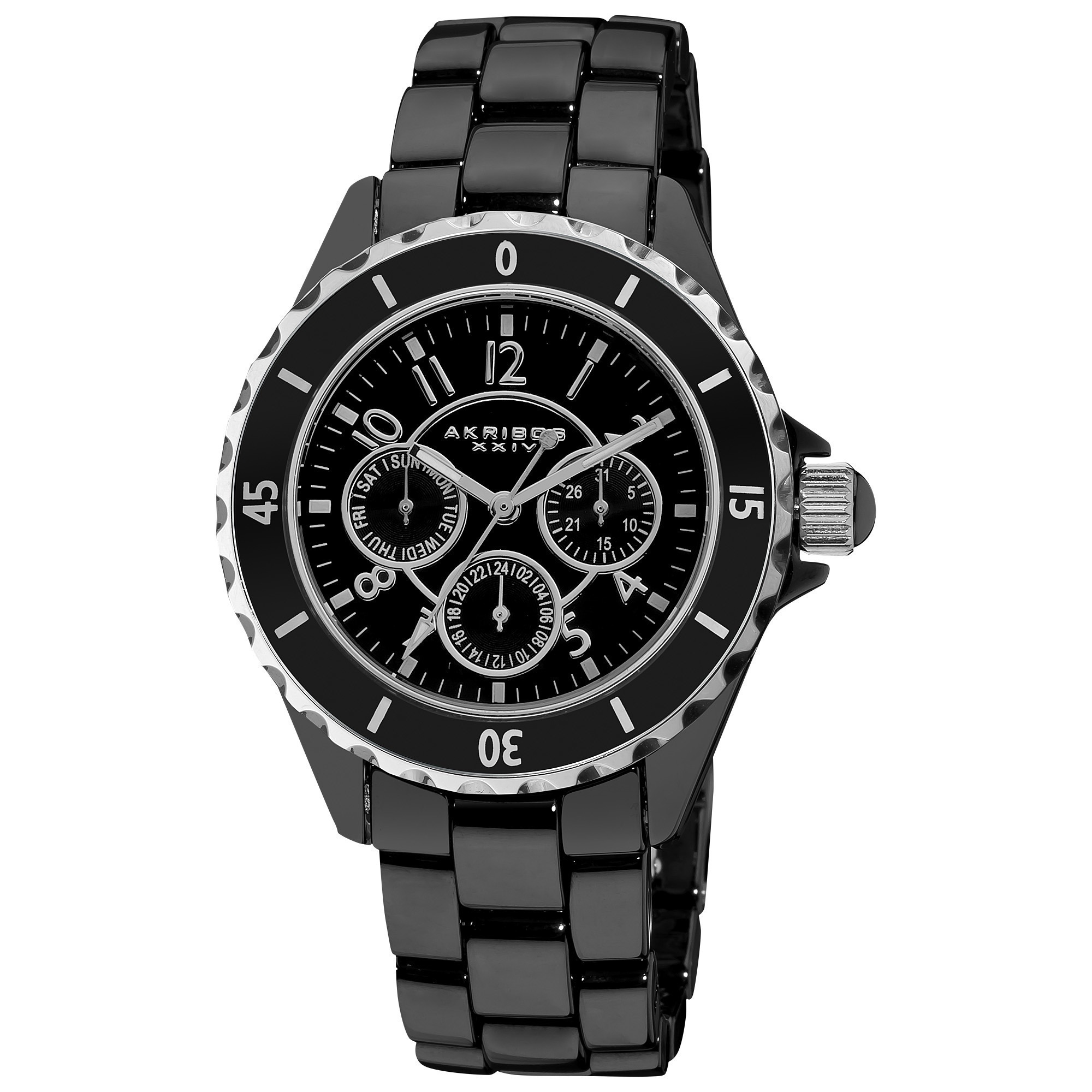 Akribos XXIV Women's Ceramic Multifunction Black Bracelet Watch