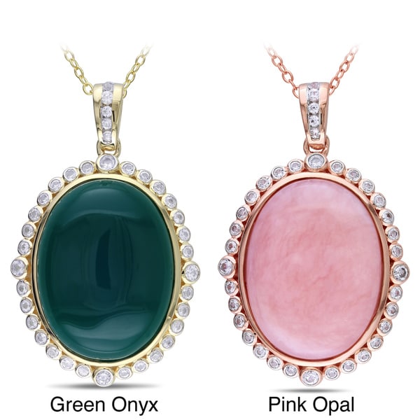 Miadora Silver Pink Opal or Green Onyx Gemstone Necklace Miadora Gemstone Necklaces