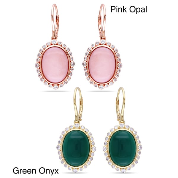Sterling Silver Pink Opal or Green Onyx Oval Gemstone Earrings Miadora Gemstone Earrings