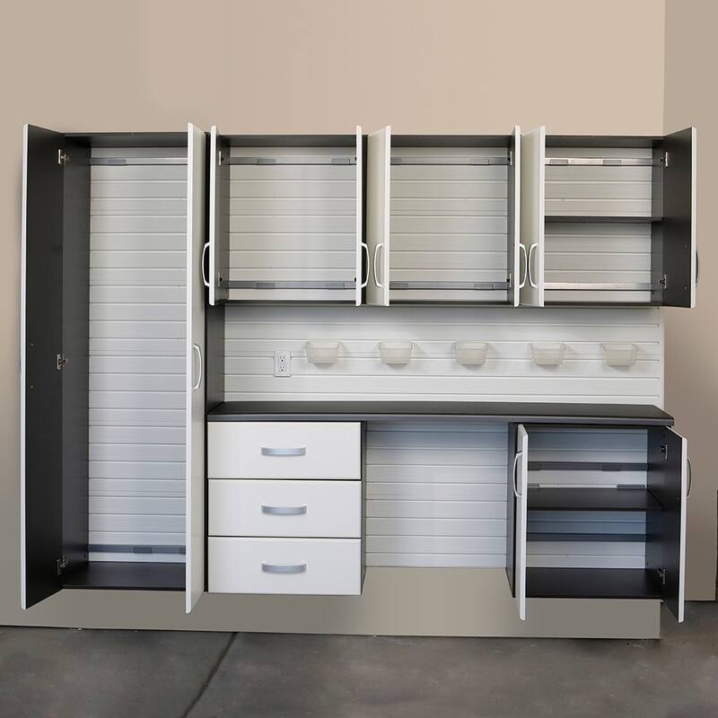 13 Piece Slatwall Panel, Tall Cabinet, Bin And Jumbo Workstation Storage Set - White Slatwall / White Cabinets