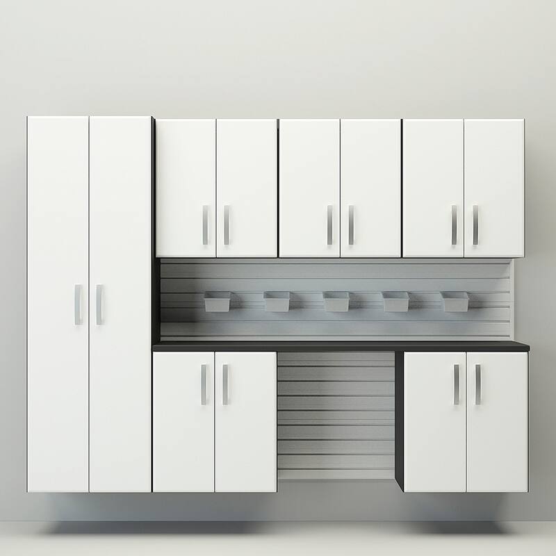 13 Piece Slatwall Panel, Tall Cabinet, Bin And Jumbo Workstation Storage Set - White Slatwall / White Cabinets