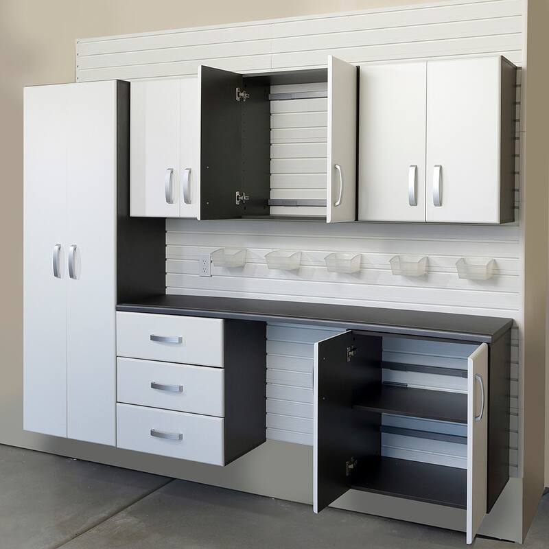 13 Piece Slatwall Panel, Tall Cabinet, Bin And Jumbo Workstation Storage Set - White Slatwall / White Cabinets