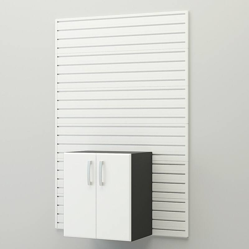 13 Piece Slatwall Panel, Tall Cabinet, Bin And Jumbo Workstation Storage Set - White Slatwall / White Cabinets