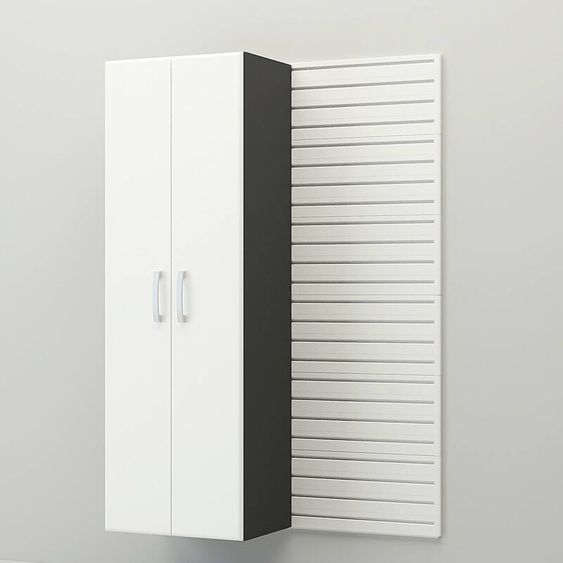 13 Piece Slatwall Panel, Tall Cabinet, Bin And Jumbo Workstation Storage Set - White Slatwall / White Cabinets