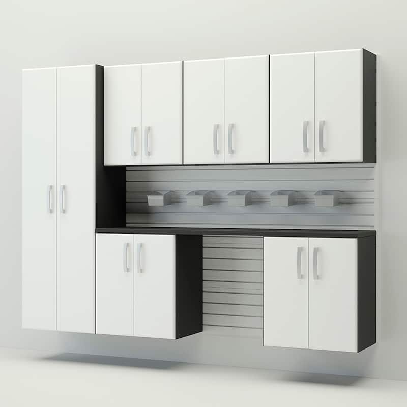 13 Piece Slatwall Panel, Tall Cabinet, Bin And Jumbo Workstation Storage Set - White Slatwall / White Cabinets