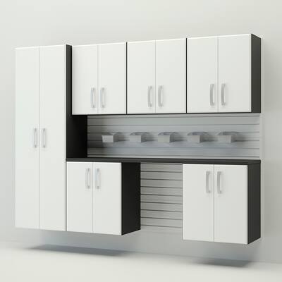 13 Piece Slatwall Panel, Tall Cabinet, Bin And Jumbo Workstation Storage Set - White Slatwall / White Cabinets