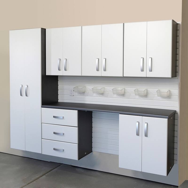 13 Piece Slatwall Panel, Tall Cabinet, Bin And Jumbo Workstation Storage Set - White Slatwall / White Cabinets