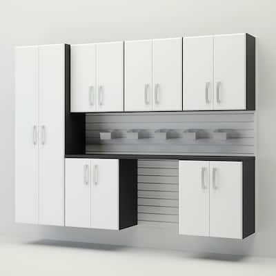 13 Piece Slatwall Panel, Tall Cabinet, Bin And Jumbo Workstation Storage Set - White Slatwall / White Cabinets