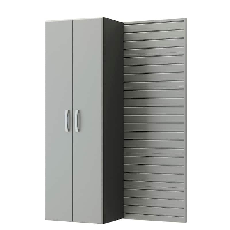 13 Piece Slatwall Panel, Tall Cabinet, Bin And Jumbo Workstation Storage Set - Silver Slatwall / Silver Cabinets