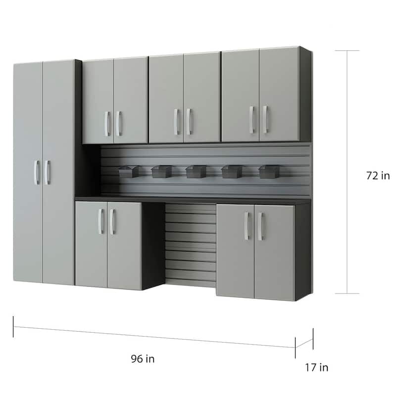 13 Piece Slatwall Panel, Tall Cabinet, Bin And Jumbo Workstation Storage Set - Silver Slatwall / Silver Cabinets