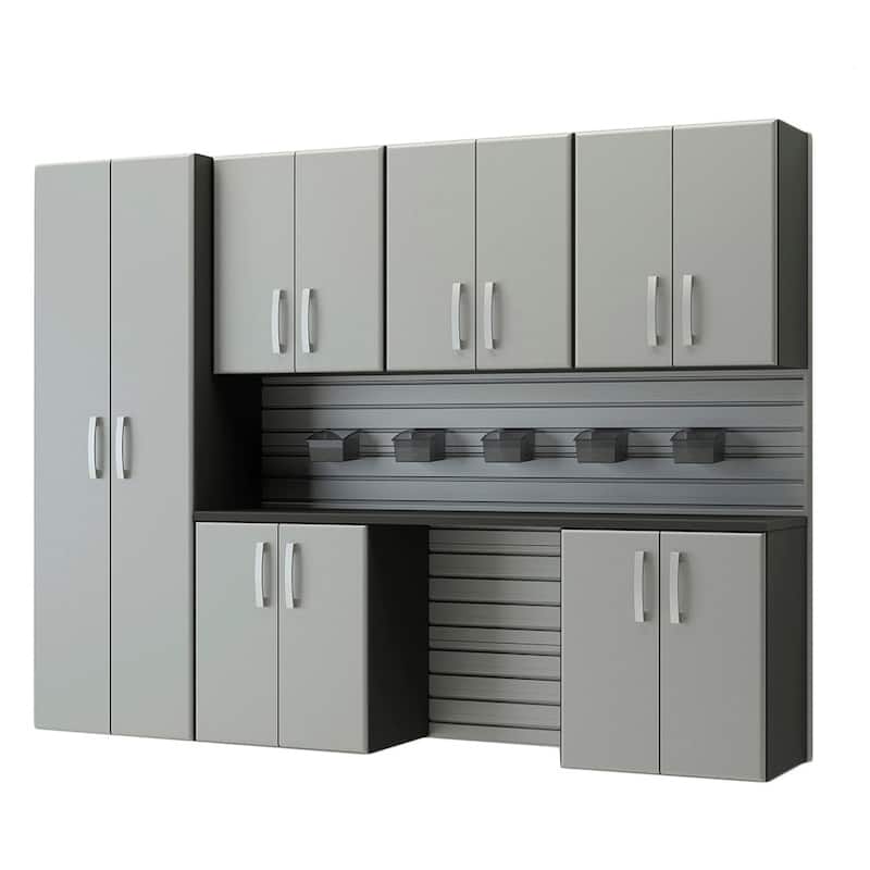 13 Piece Slatwall Panel, Tall Cabinet, Bin And Jumbo Workstation Storage Set - Silver Slatwall / Silver Cabinets