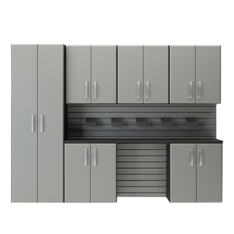 13 Piece Slatwall Panel, Tall Cabinet, Bin And Jumbo Workstation Storage Set - Silver Slatwall / Silver Cabinets