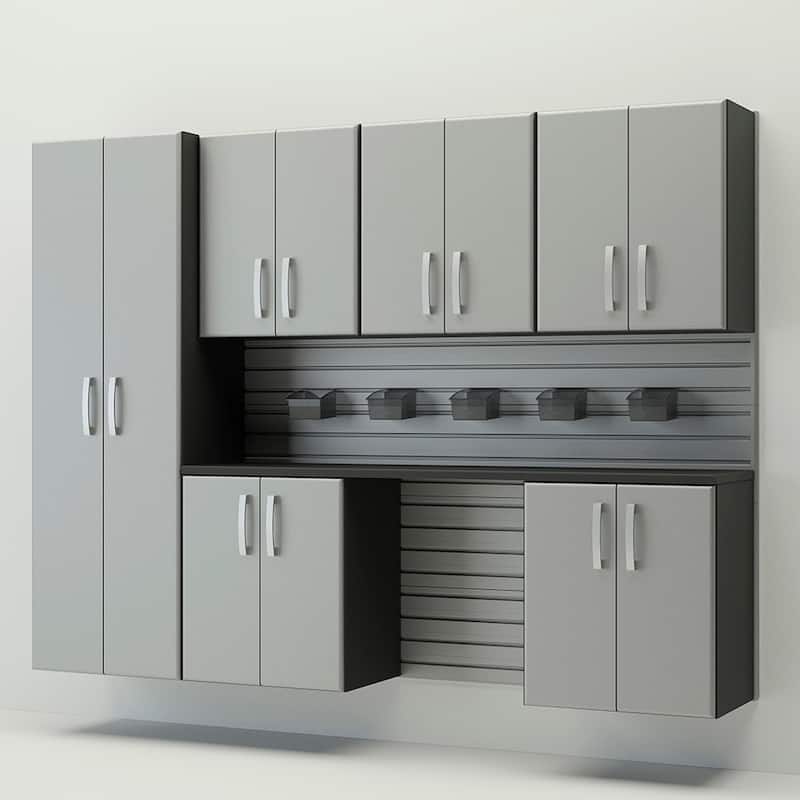 13 Piece Slatwall Panel, Tall Cabinet, Bin And Jumbo Workstation Storage Set - Silver Slatwall / Silver Cabinets