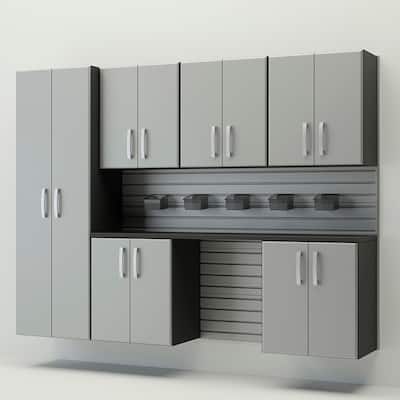 13 Piece Slatwall Panel, Tall Cabinet, Bin And Jumbo Workstation Storage Set - Silver Slatwall / Silver Cabinets