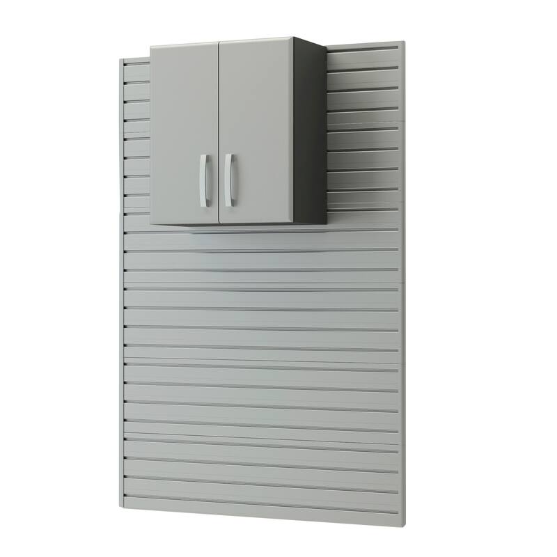 13 Piece Slatwall Panel, Tall Cabinet, Bin And Jumbo Workstation Storage Set - Silver Slatwall / Silver Cabinets