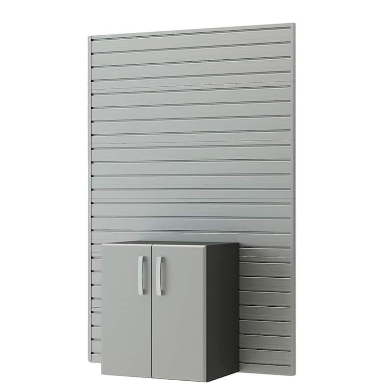 13 Piece Slatwall Panel, Tall Cabinet, Bin And Jumbo Workstation Storage Set - Silver Slatwall / Silver Cabinets